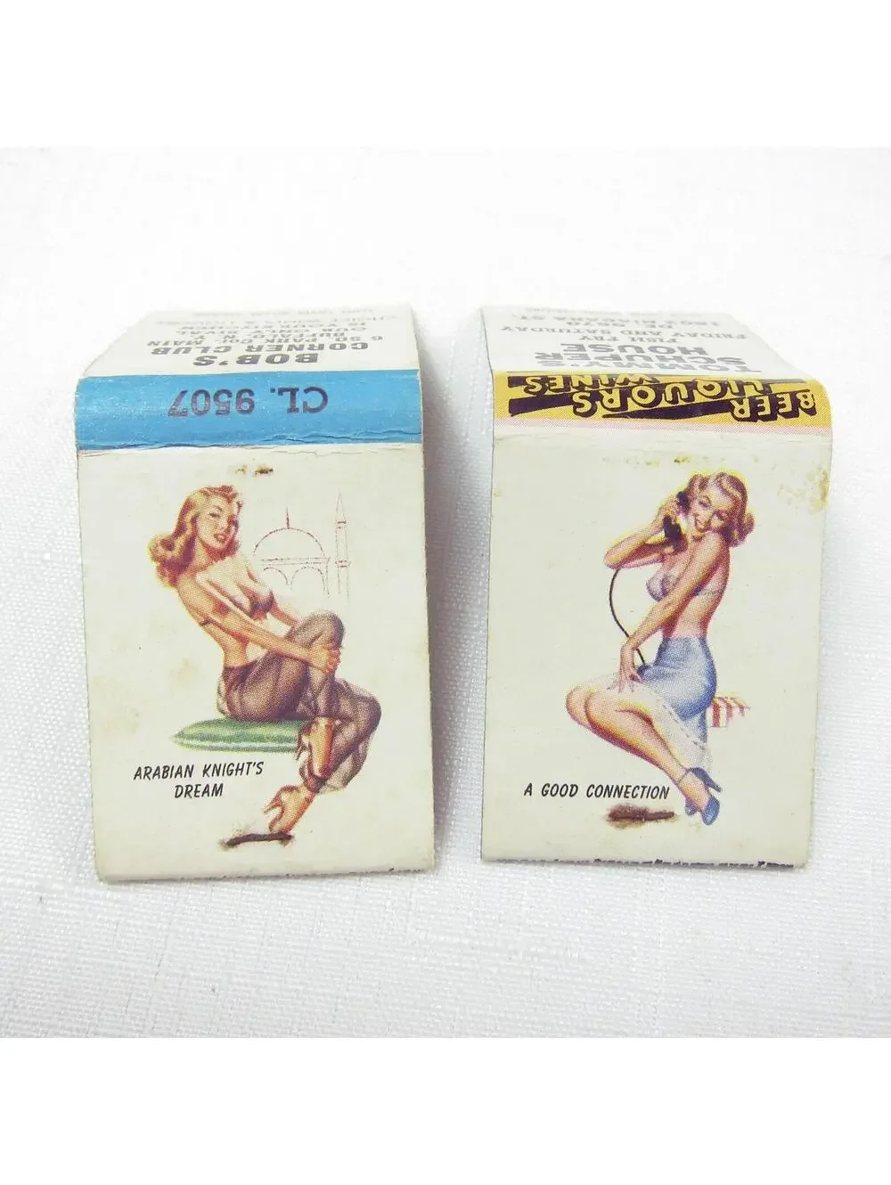 2 Vintage Matchbooks FULL Pinup Girlie A Good Connection & Arabian Knights Dream